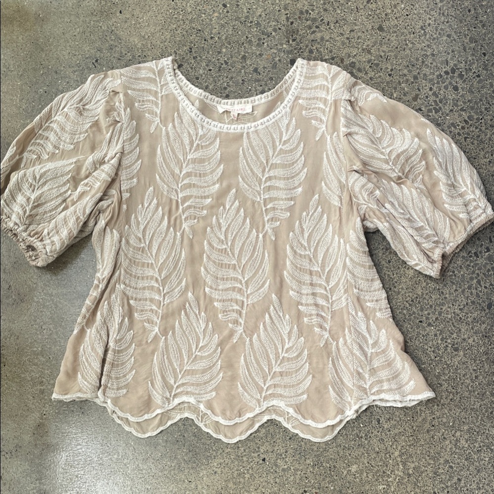 Solitaire Cream Embroidered Leaf Lace Puff Sleeve Blouse